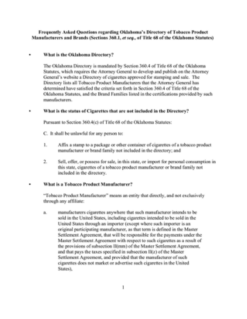Frequently Asked Questions Regarding Oklahoma's Directory of Tobacco Product Manufacturers and Brands