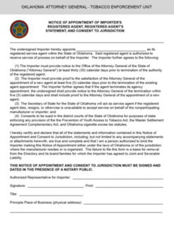 Notice of Appointment of Importer's Registered Agent, Registered Agent's Statement, and Consent to Jurisdiction