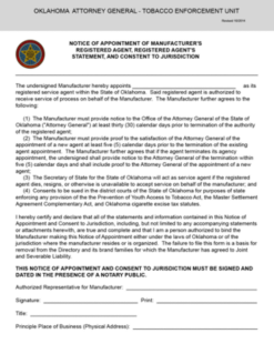Notice of Appointment of Manufacturer's Registered Agent, Registered Agent's Statement, and Consent to Jurisdiction