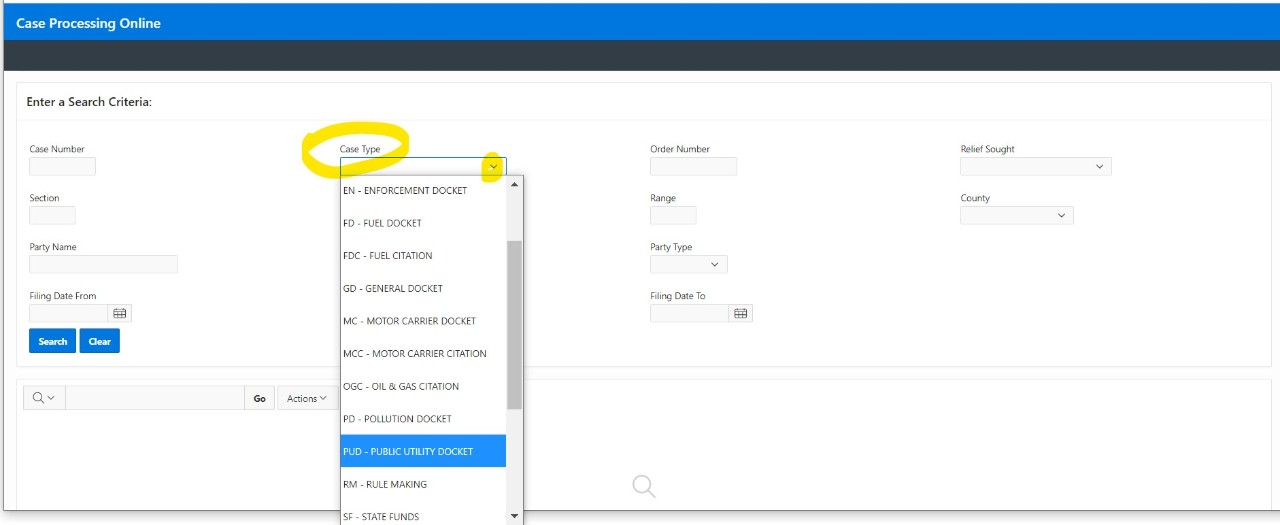 Screenshot of the case processing docket search application showing a dropdown menu as it was updated in June 2021.