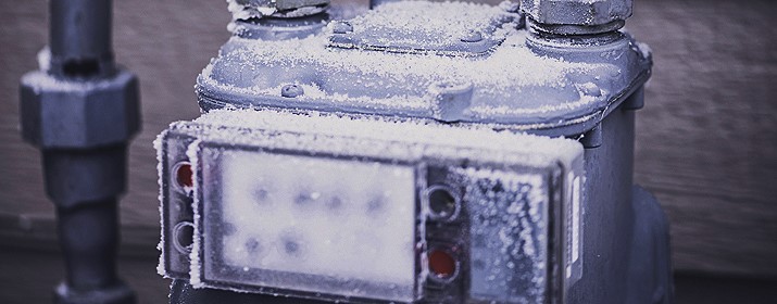 Ice crystals form on a natural gas meter