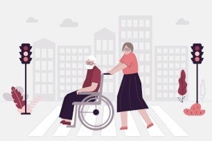 Elderly pedestrians cross road at crosswalk. Old woman is carrying grandfather in wheelchair. Love couple moves on foot around city. Accessible environment, city for people with disabilities. vector