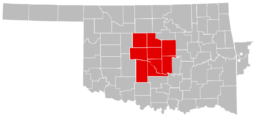 oklahoma map of all counties and the central area counties are highlighted red