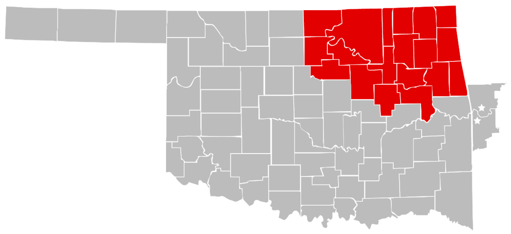 oklahoma map of all counties and the northeast area counties are highlighted red
