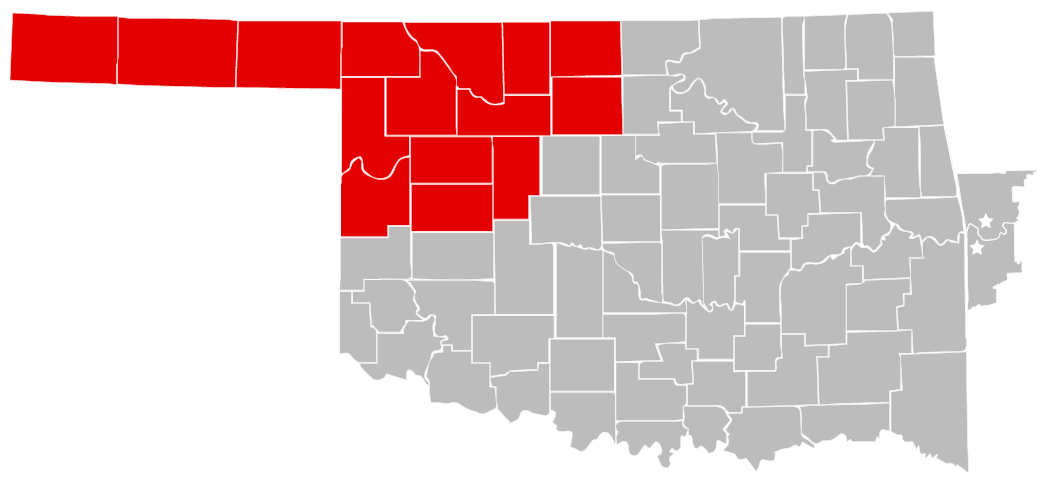 oklahoma map of all counties and the northwest area counties are highlighted red