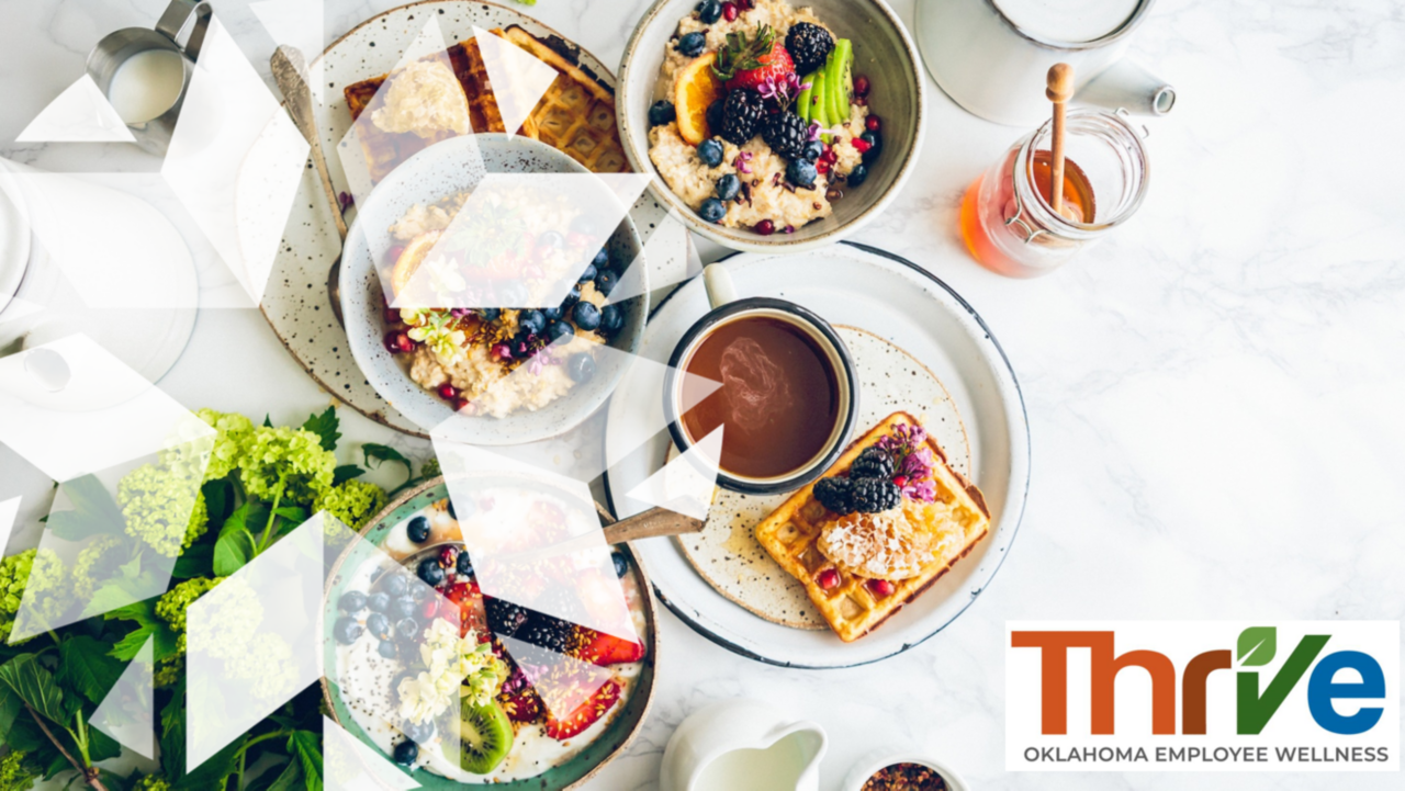 overhead view of four different breakfasts on plates