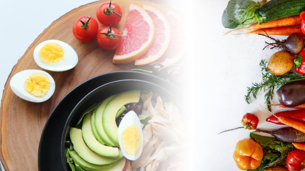 decorative image of a chef salad, peppers, and carrots