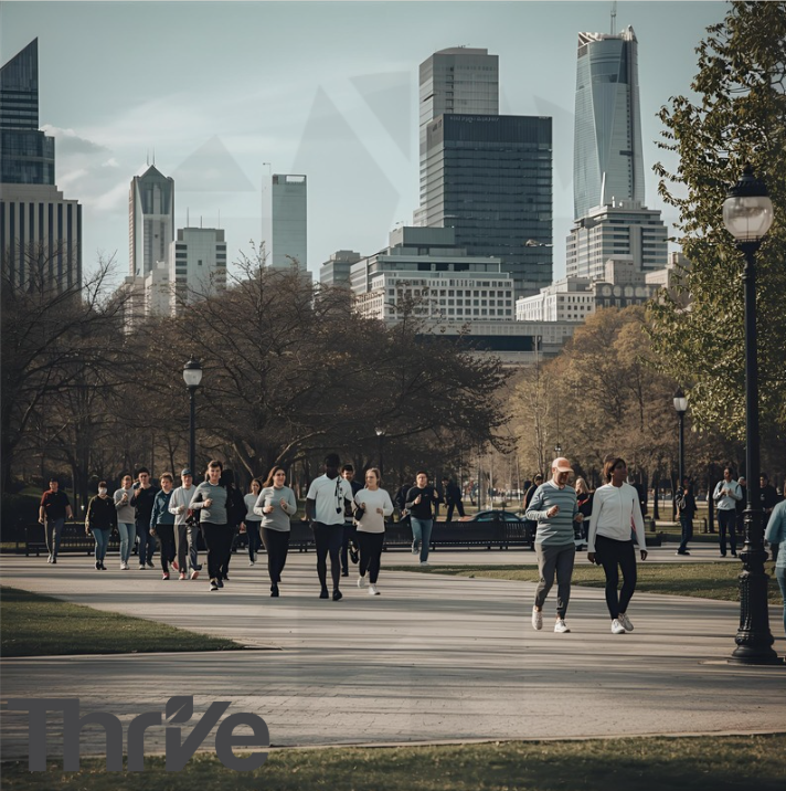 group of 20 people jogging through a new york city park